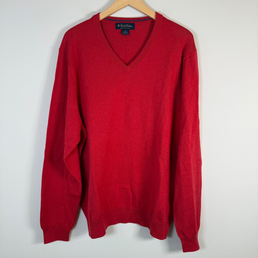 Brooks Brothers 100% Supima Cotton V-Neck Sweater XL Red Solid Knit Pullover